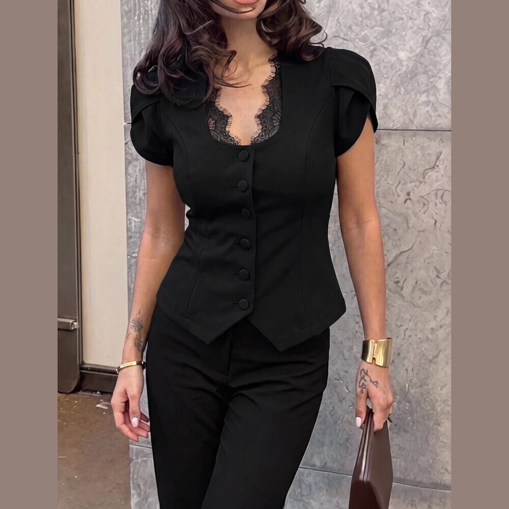 Black Lace Trim V Neck Button Front Tulip Cap Sleeve Cropped Lightweight Blazer